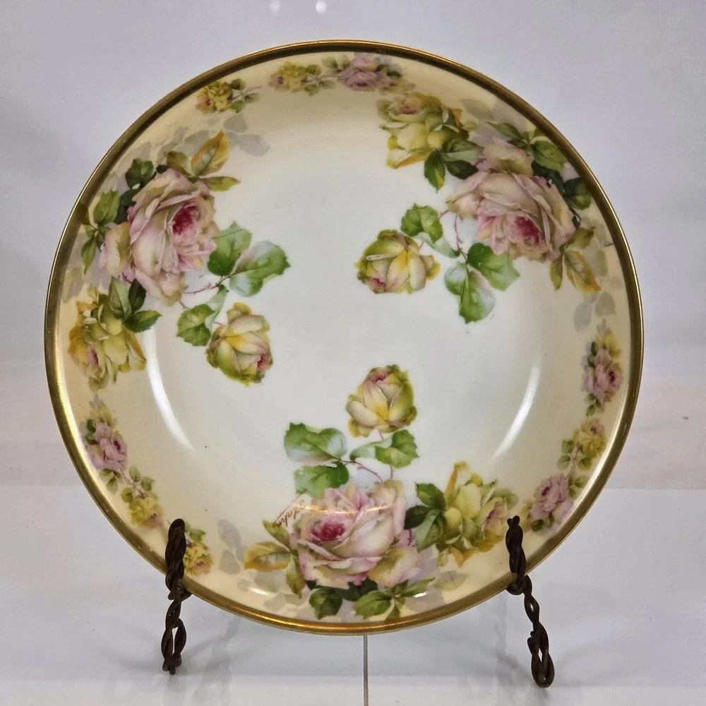 Antique Royal Rudolstadt Prussia B Crown Hand Painted Pink Yellow Rose Bowl 9.25